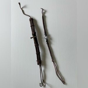 Brown leather cord with cross charm, flower and heart beads bracelet - 2 pieces